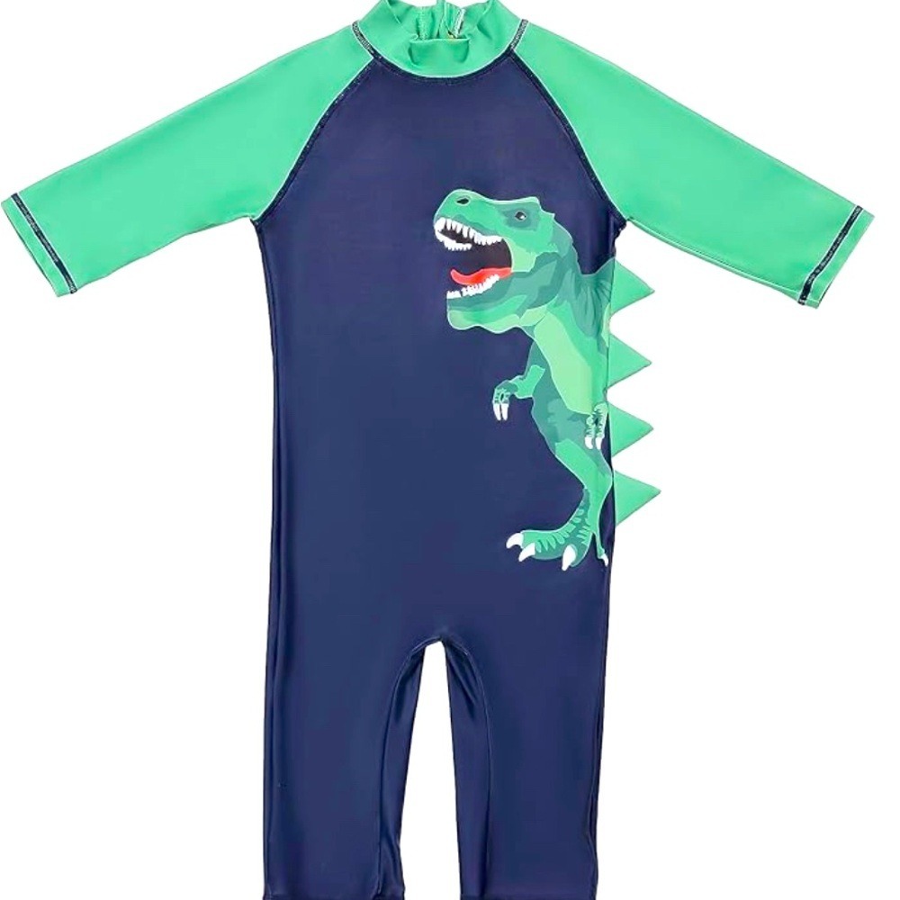 LIZENS. Boys Rashard one piece swimwear. Green dinosaur. UPS 50+ sun protection.